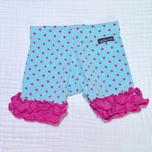 Matilda Jane EUC size 6 ruffle shorties light blue, pink polka dots and ruffles